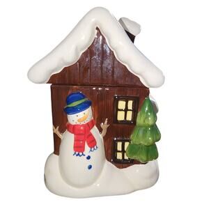 SCM Designs Snow Covered House Ceramic Cookie Jar with snowman tree Cabin